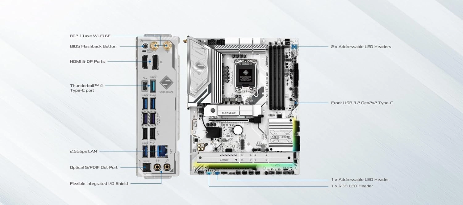 ASRock B860 Steel Legend WiFi 6E LGA1851 Intel Core Ultra (Series 2) DDR5 8666  (OC) MHz 256GB M.2 ATX Motherboard Thunderbolt SATA3 6.0 Gb/s PCIe 5.0 2.5G LAN HDMI DisplayPort BIOS Flashback