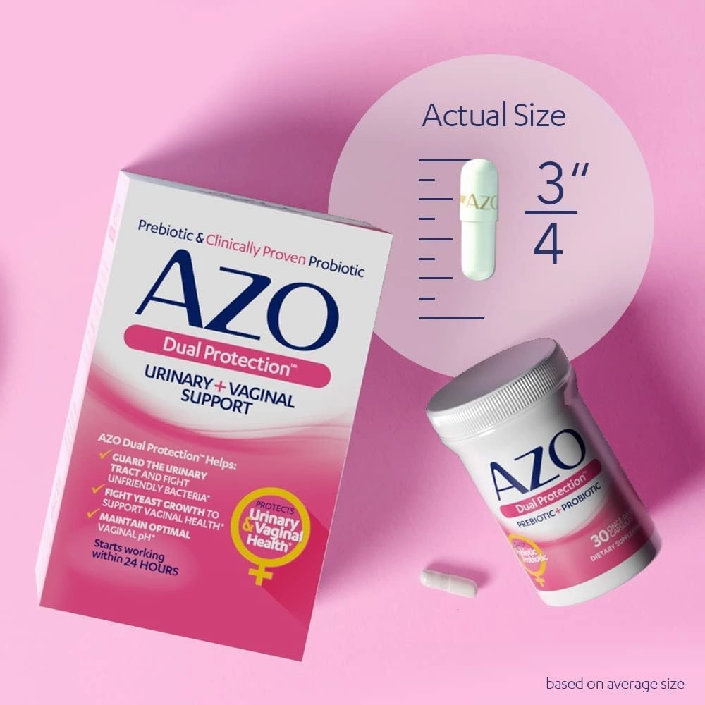 AZO Dual Protection, Urinary   Vaginal Support, Prebiotics and Probiotics for Women*, Starts Working Within 24 Hours, Non-GMO, 30 Count