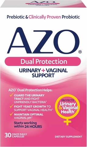 AZO Dual Protection, Urinary   Vaginal Support, Prebiotics and Probiotics for Women*, Starts Working Within 24 Hours, Non-GMO, 30 Count