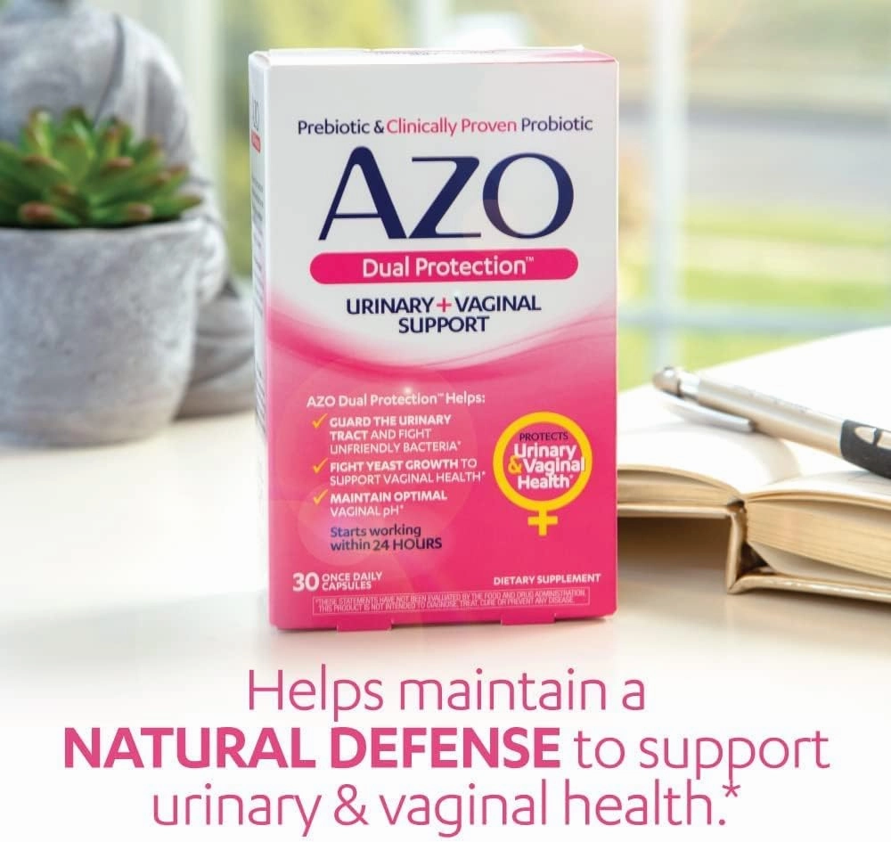 AZO Dual Protection, Urinary   Vaginal Support, Prebiotics and Probiotics for Women*, Starts Working Within 24 Hours, Non-GMO, 30 Count