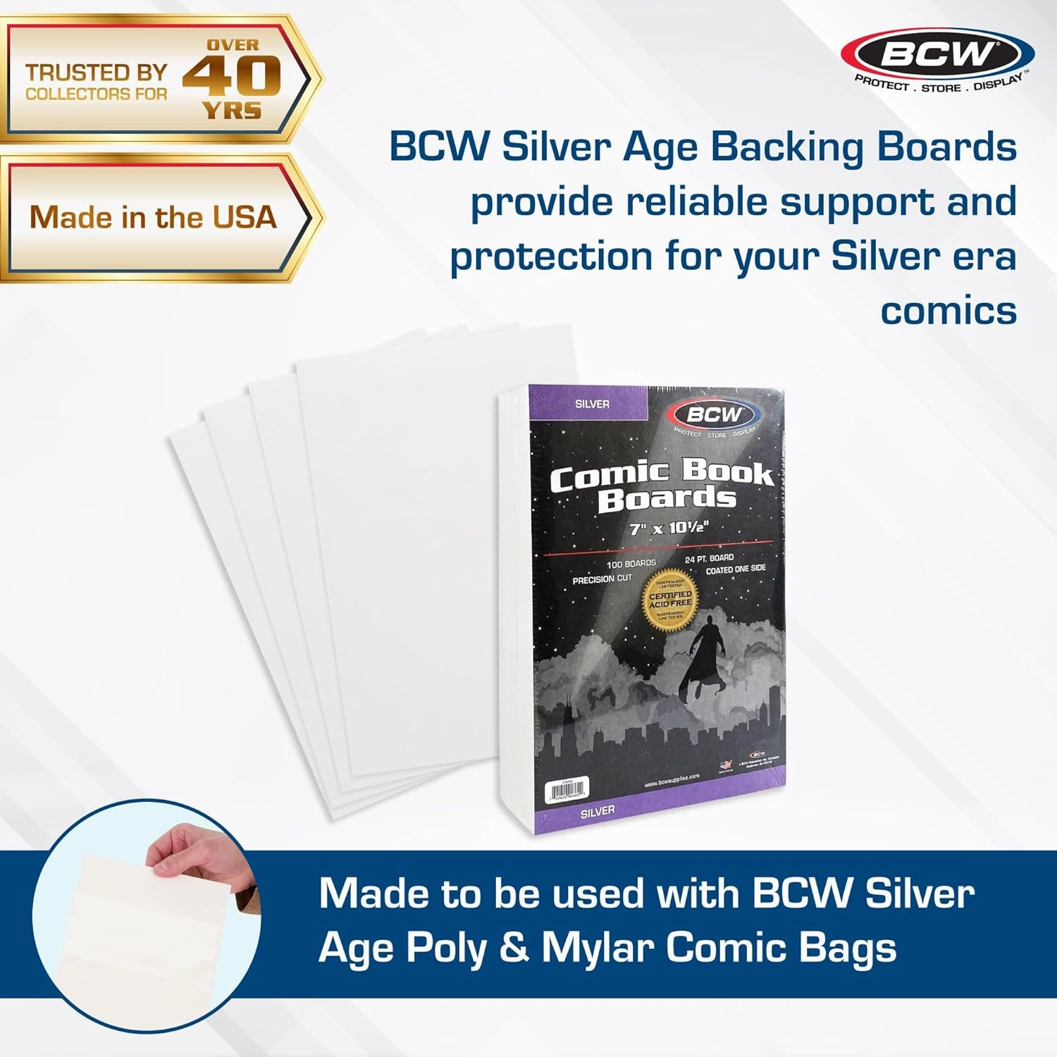 BCW Silver Age Backing Boards - 1 Pack (100 Total) | Certified Acid-Free, 7x10.5 Inches | Safeguard Your Valuable Silver and Bronze Age Comics