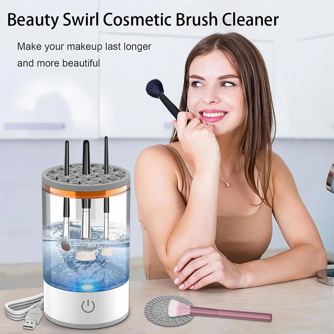 Beauty Swirl Cosmetic Brush Cleaner, Beautyswirl - Cosmetic Brush Cleaner, The Cozy Luna Brush Cleaner, Amarune Electric Makeup Brush Cleaner for All Size Cosmetic Brushes (Transparent, Plug-In)