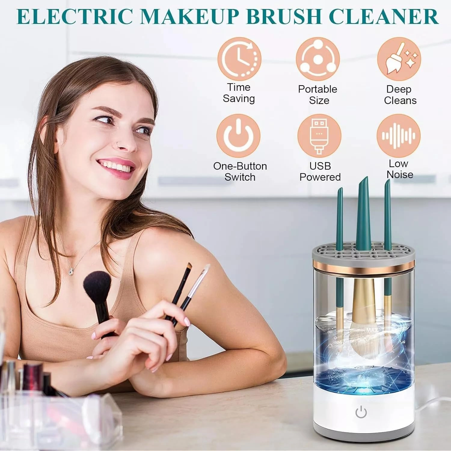 Beauty Swirl Cosmetic Brush Cleaner, Cozy Luna Brush Cleaner, Automatic Electric Makeup Brush Cleaner, Automatic Spinning Cosmetic Tool, for All Types of Brushes (White, Charging)