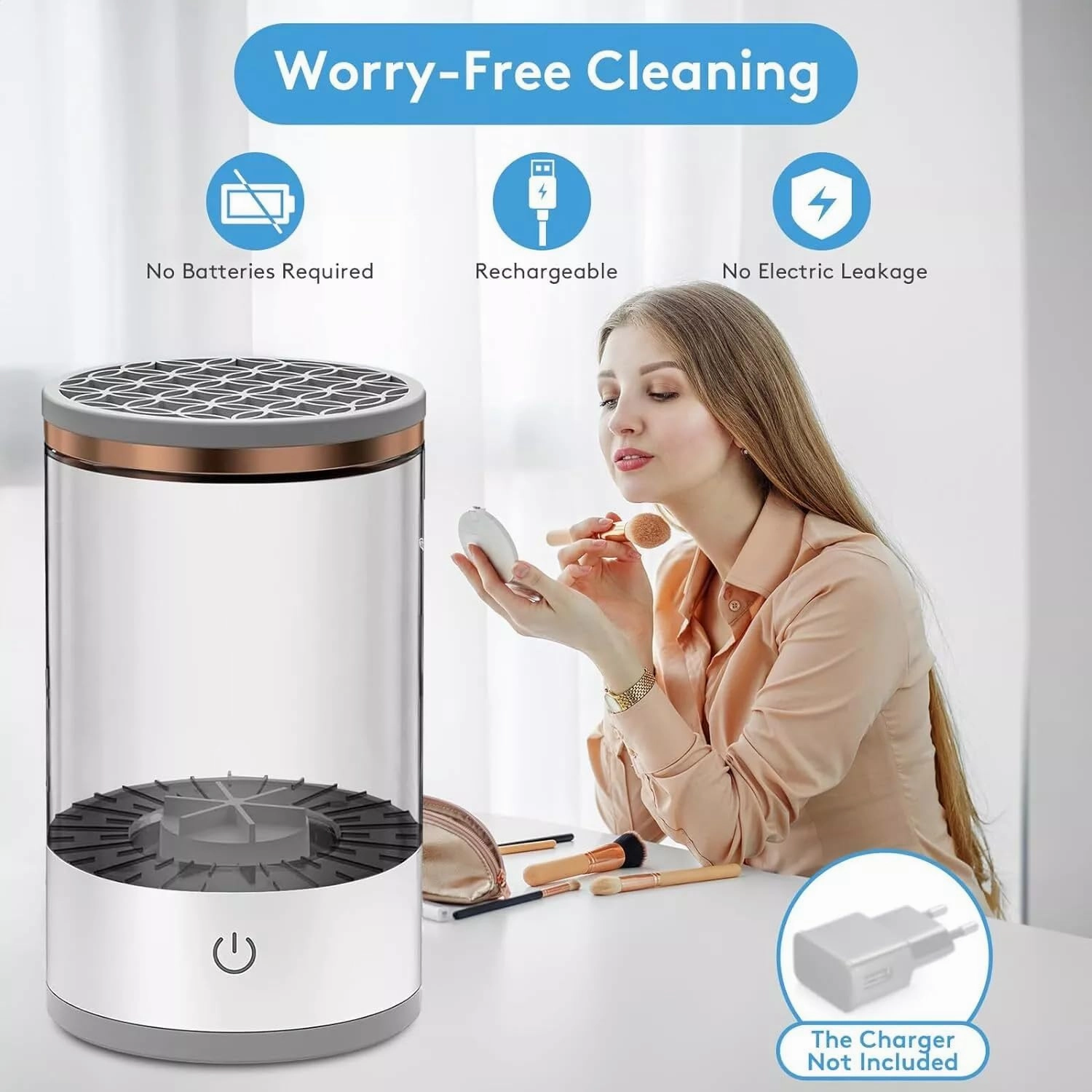 Beauty Swirl Cosmetic Brush Cleaner, Cozy Luna Brush Cleaner, Automatic Electric Makeup Brush Cleaner, Automatic Spinning Cosmetic Tool, for All Types of Brushes (White, Charging)