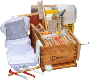 BeeCastle 10-Frame Bee Hives and Supplies Starter Kit,Beehive Kit Dipped in 100% Beeswax,Bee Keeping Supplies-All Beginners Kit Includes Beekeeping Supplies Tool Set and Bee Suit.