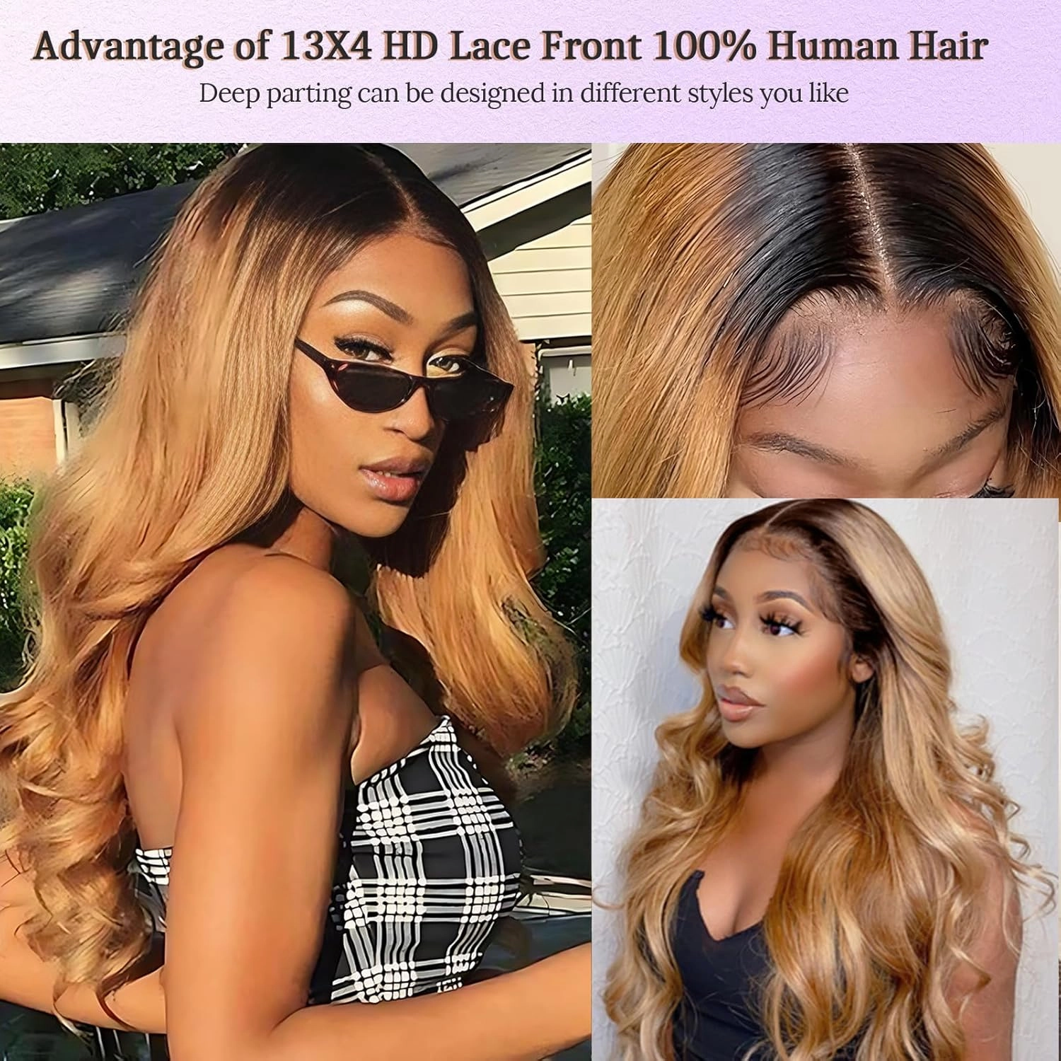 Belaved Honey Blonde 13X4 Lace Front Wigs Human Hair HD Transparent Body Wave 1B/27 Black Roots Wig Human Hair Pre Plucked HD Frontal 180 Density Glueless 22inch