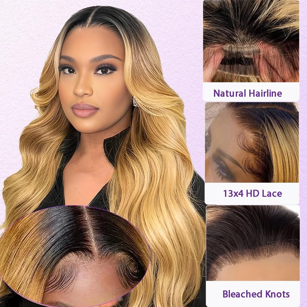 Belaved Honey Blonde 13X4 Lace Front Wigs Human Hair HD Transparent Body Wave 1B/27 Black Roots Wig Human Hair Pre Plucked HD Frontal 180 Density Glueless 22inch
