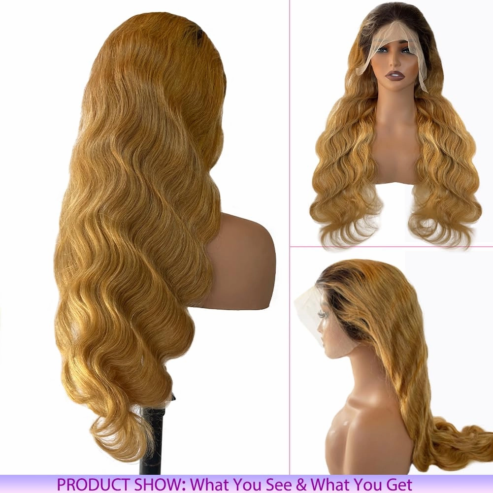 Belaved Honey Blonde 13X4 Lace Front Wigs Human Hair HD Transparent Body Wave 1B/27 Black Roots Wig Human Hair Pre Plucked HD Frontal 180 Density Glueless 22inch