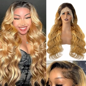 Belaved Honey Blonde 13X4 Lace Front Wigs Human Hair HD Transparent Body Wave 1B/27 Black Roots Wig Human Hair Pre Plucked HD Frontal 180 Density Glueless 22inch