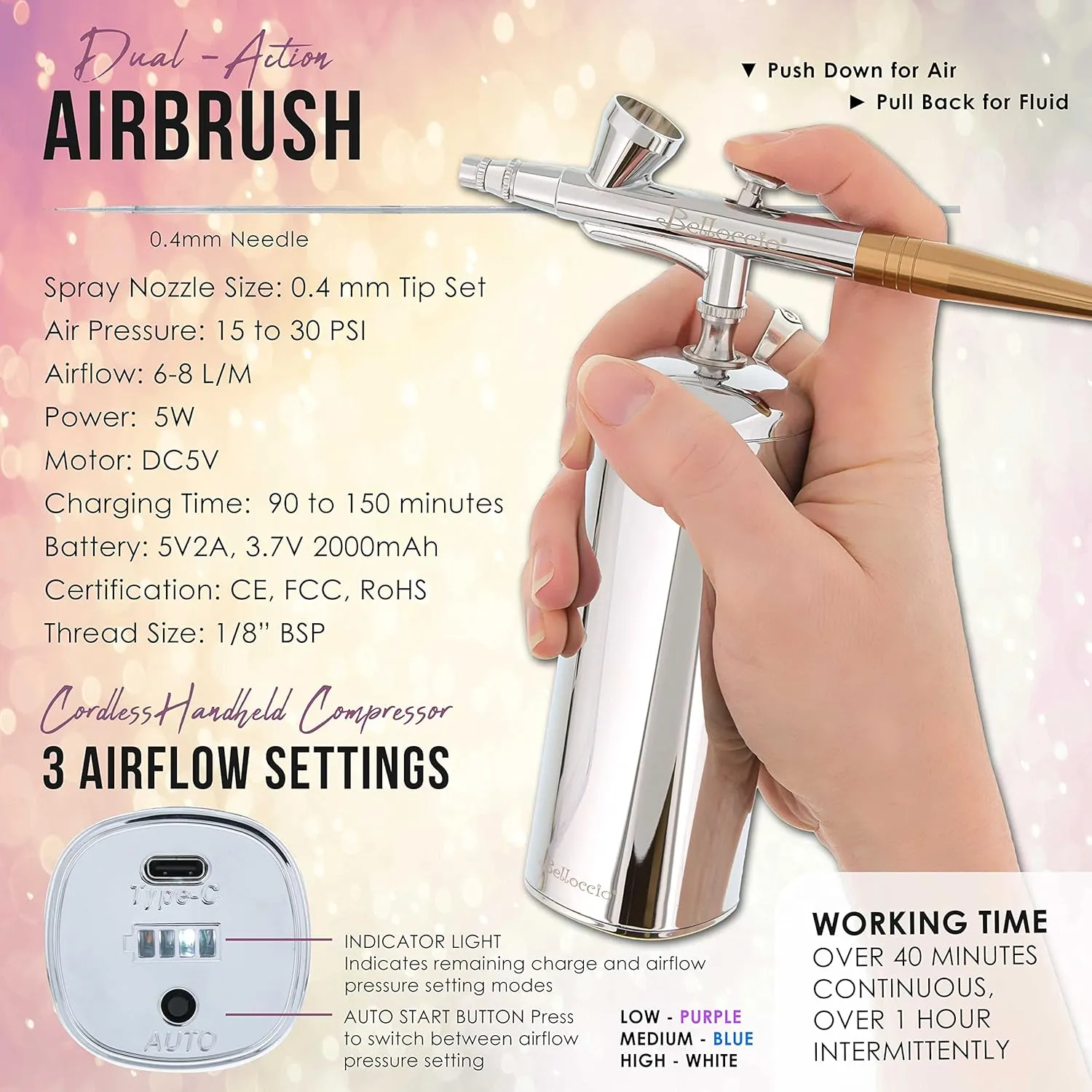 Belloccio Complete Cordless Handheld Airbrush Cosmetic Makeup System with 5 Dark Foundation Shades, Professional 18-Piece Kit, Moisturizing Primer, Blush, Bronzer, Highlighter, Concealer, User Guide