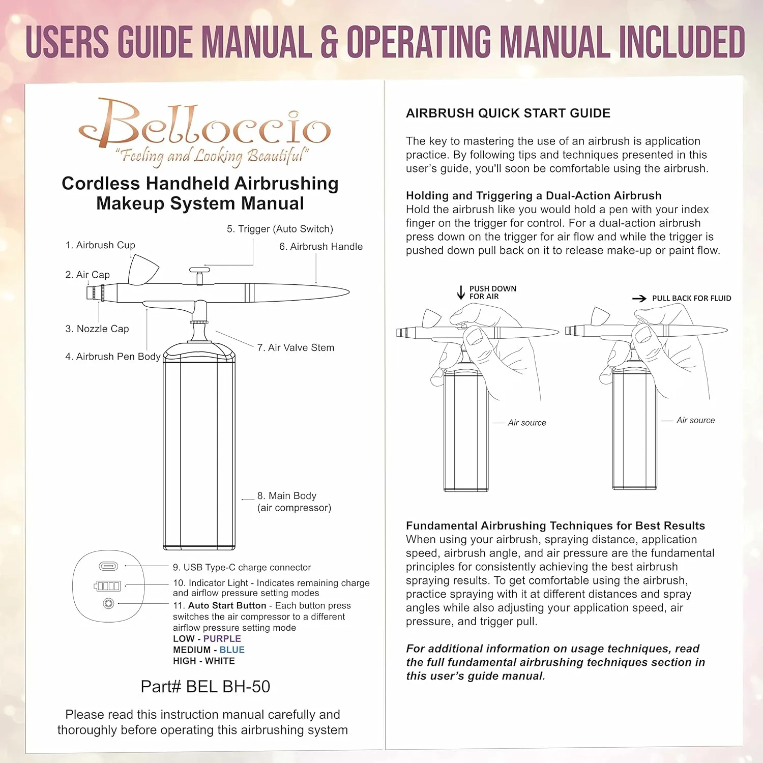 Belloccio Complete Cordless Handheld Airbrush Cosmetic Makeup System with 5 Dark Foundation Shades, Professional 18-Piece Kit, Moisturizing Primer, Blush, Bronzer, Highlighter, Concealer, User Guide