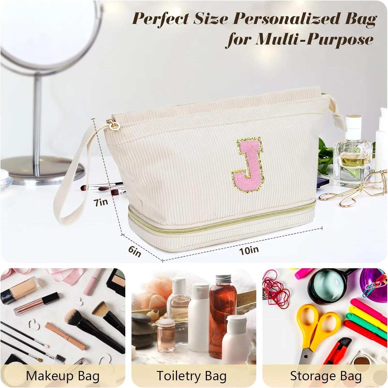 Birthday Gifts for Girls, Personalized Initial Women Makeup Bag, Travel Make up Bag Cosmetic Bag Preppy Stuff Bag for Girlfriend Wife Teacher 18th Birthday Gifts for Girls Teen Girl Gifts Trendy - B