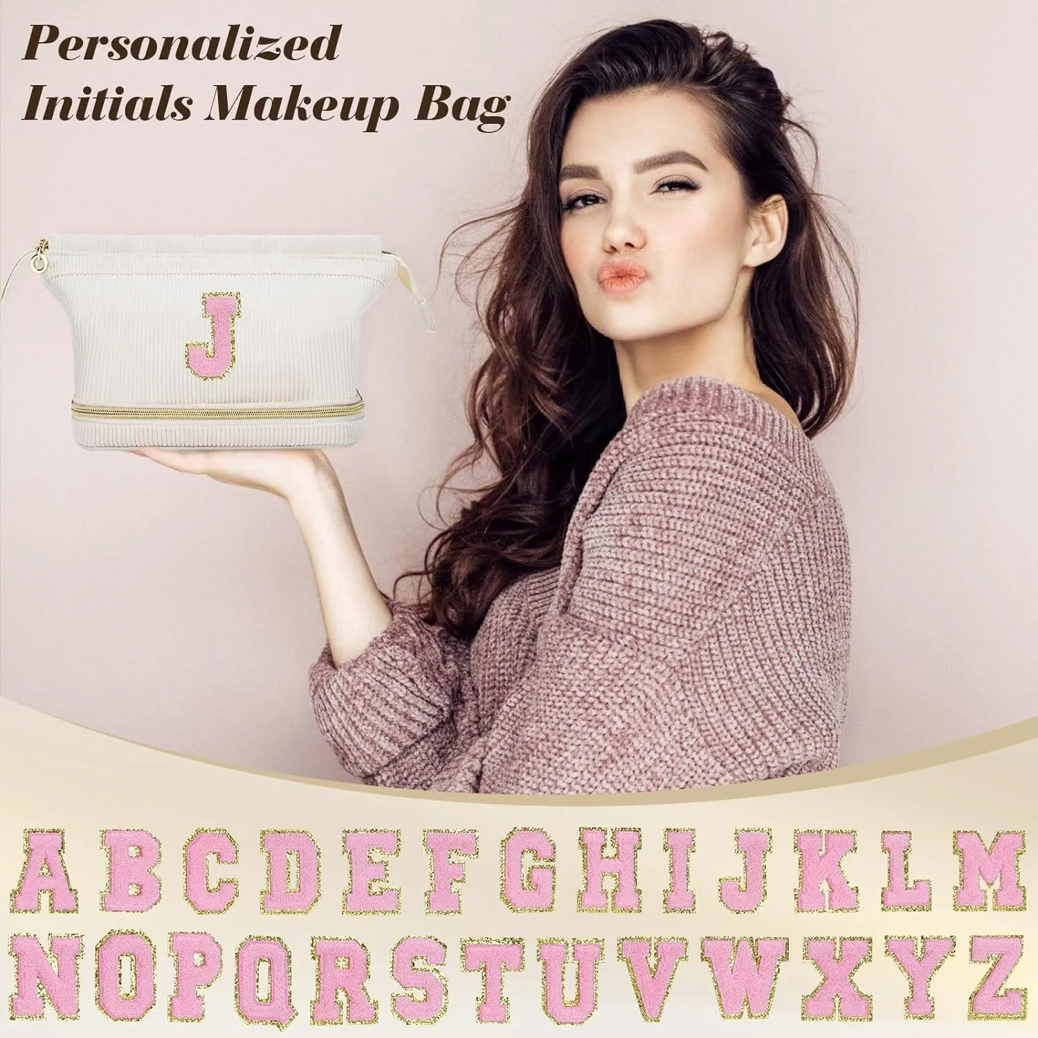 Birthday Gifts for Girls, Personalized Initial Women Makeup Bag, Travel Make up Bag Cosmetic Bag Preppy Stuff Bag for Girlfriend Wife Teacher 18th Birthday Gifts for Girls Teen Girl Gifts Trendy - B