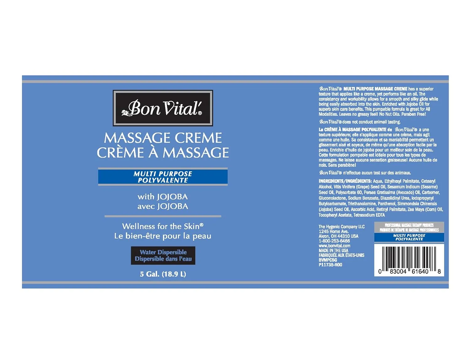 Bon Vital' Multi-Purpose Massage Creme, Professional Massage Cream with Aloe Vera to Relax Sore Muscles, Increase Circulation & Repair Dry Skin, Full Body Massage Moisturizer Cream, 5 Gallon Pail