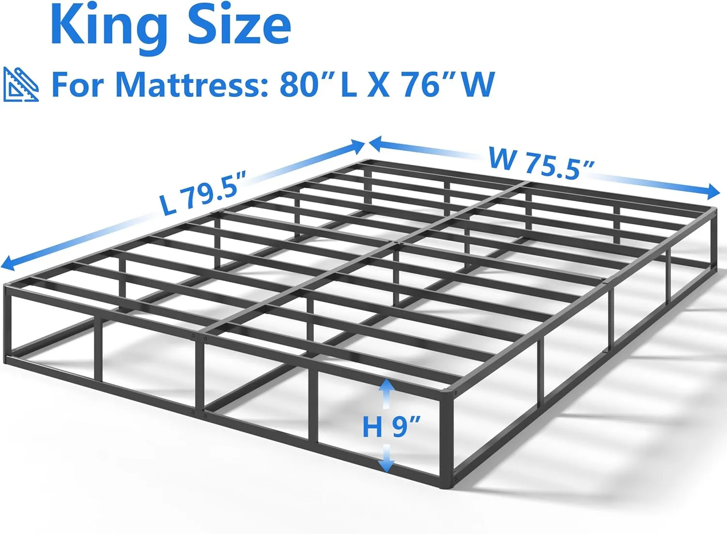 Box Spring King Bed Bases, 9 Inch High Metal King Size Box Spring Only, Heavy Duty Mattress Foundation with Fabric Cover, Easy Assembly, Quiet Noise Free, Non Slip, Black