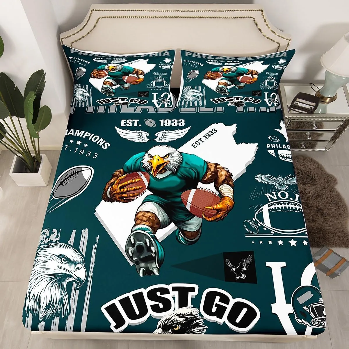 Boys Classic Football Team Fitted Sheet Sports City Rugby Game Bed Sheets, Eagle Bird Football Theme Sheets Twin with 1 Pillowcase (Philadelphia)