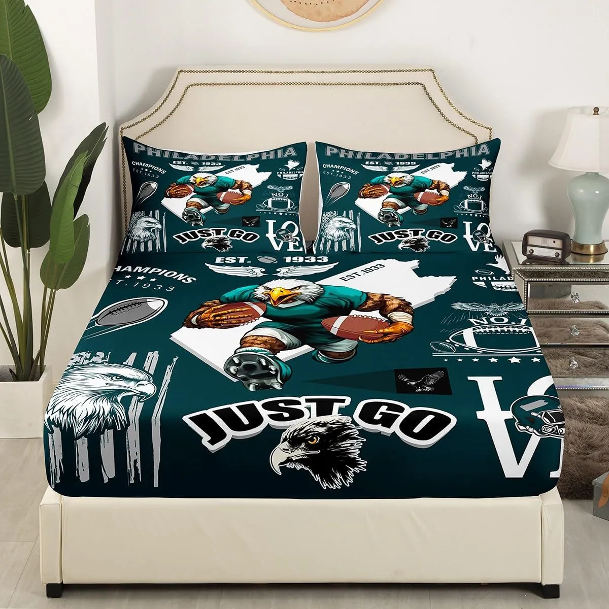 Boys Classic Football Team Fitted Sheet Sports City Rugby Game Bed Sheets, Eagle Bird Football Theme Sheets Twin with 1 Pillowcase (Philadelphia)