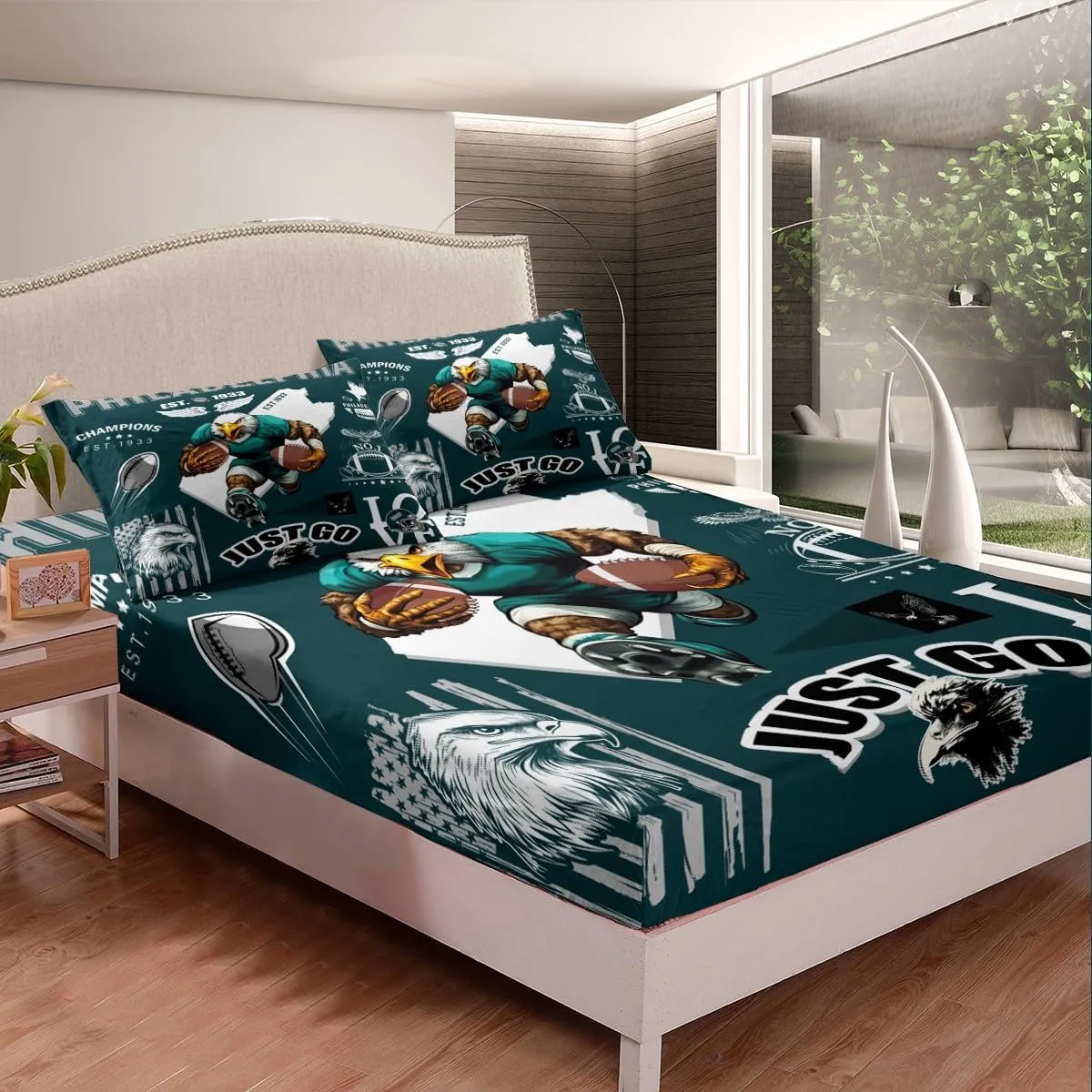 Boys Classic Football Team Fitted Sheet Sports City Rugby Game Bed Sheets, Eagle Bird Football Theme Sheets Twin with 1 Pillowcase (Philadelphia)