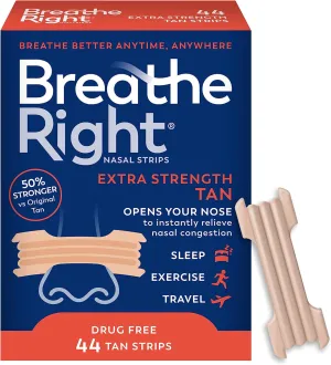 Breathe Right Nasal Strips, Extra Strength, Tan Nasal Strips, Help Stop Snoring, Drug-Free Snoring Solution & Instant Nasal Congestion Relief Caused by Colds & Allergies, 44ct (packaging my vary)