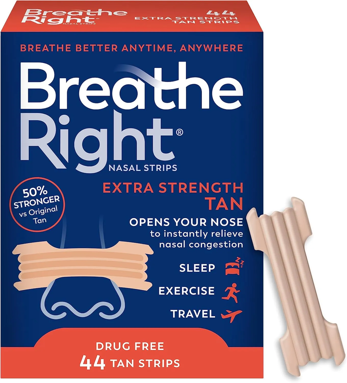 Breathe Right Nasal Strips, Extra Strength, Tan Nasal Strips, Help Stop Snoring, Drug-Free Snoring Solution & Instant Nasal Congestion Relief Caused by Colds & Allergies, 44ct (packaging my vary)