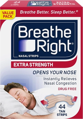 Breathe Right Extra Strength Tan Nasal Strips, Nasal Congestion Relief due to Colds & Allergies, Reduces Nasal Snoring caused by Nasal Congestion, Drug-Free, 44 count