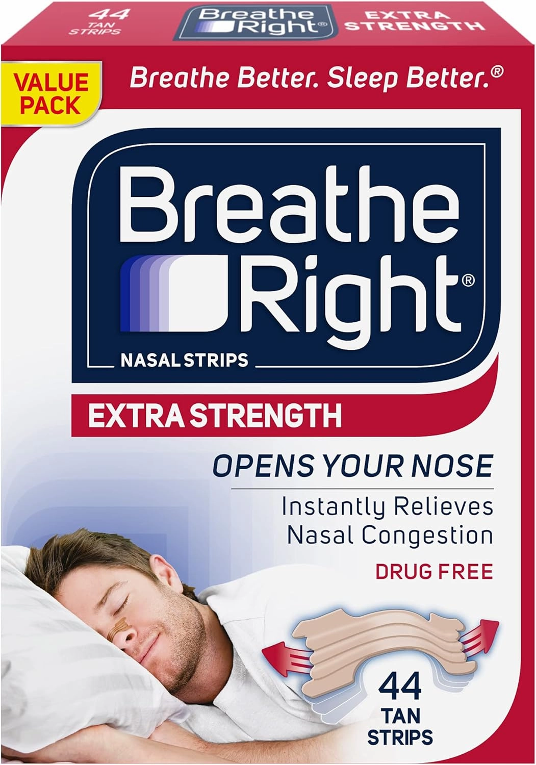 Breathe Right Extra Strength Tan Nasal Strips, Nasal Congestion Relief due to Colds & Allergies, Reduces Nasal Snoring caused by Nasal Congestion, Drug-Free, 44 count
