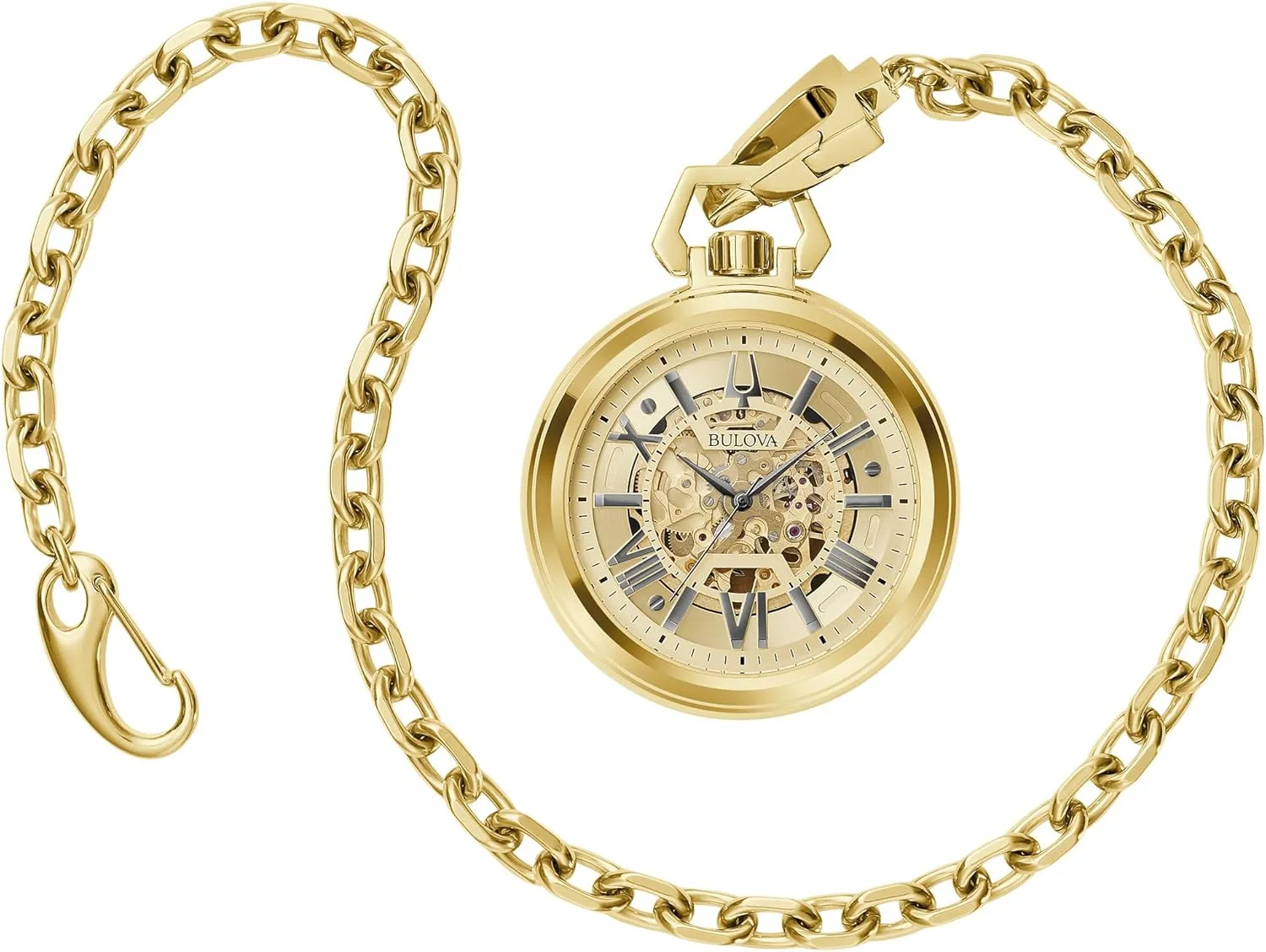 Bulova Classic Sutton Automatic Pocket Watch 3-Hand Date Stainless Steel, Full Skeleton, Gold Dial with Stainless Chain Style: 97A178