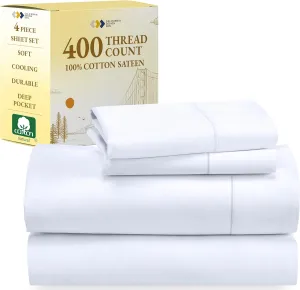 California Design Den California King Sheet Sets - Soft 400 Thread Count, Natural 100% Cotton Sateen, Cooling Sheets, Deep Pockets with All Around Elastic for a Snug Fit, Durable Bedding - White