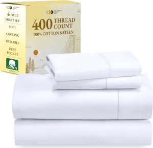 California Design Den King Size Sheets Set - Soft 400 Thread Count Sateen, Natural 100% Cotton Sheets King Size, Deep Pockets with All Around Elastic for a Snug Fit, Cool & Durable Bedding - White