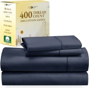 California Design Den Natural 100% Cotton Cooling Sheets for Queen Size Bed - Soft 400 Thread Count Sateen, Deep Pockets with All Around Elastic for a Snug Fit, Durable Bedding - Indigo Dusty Blue