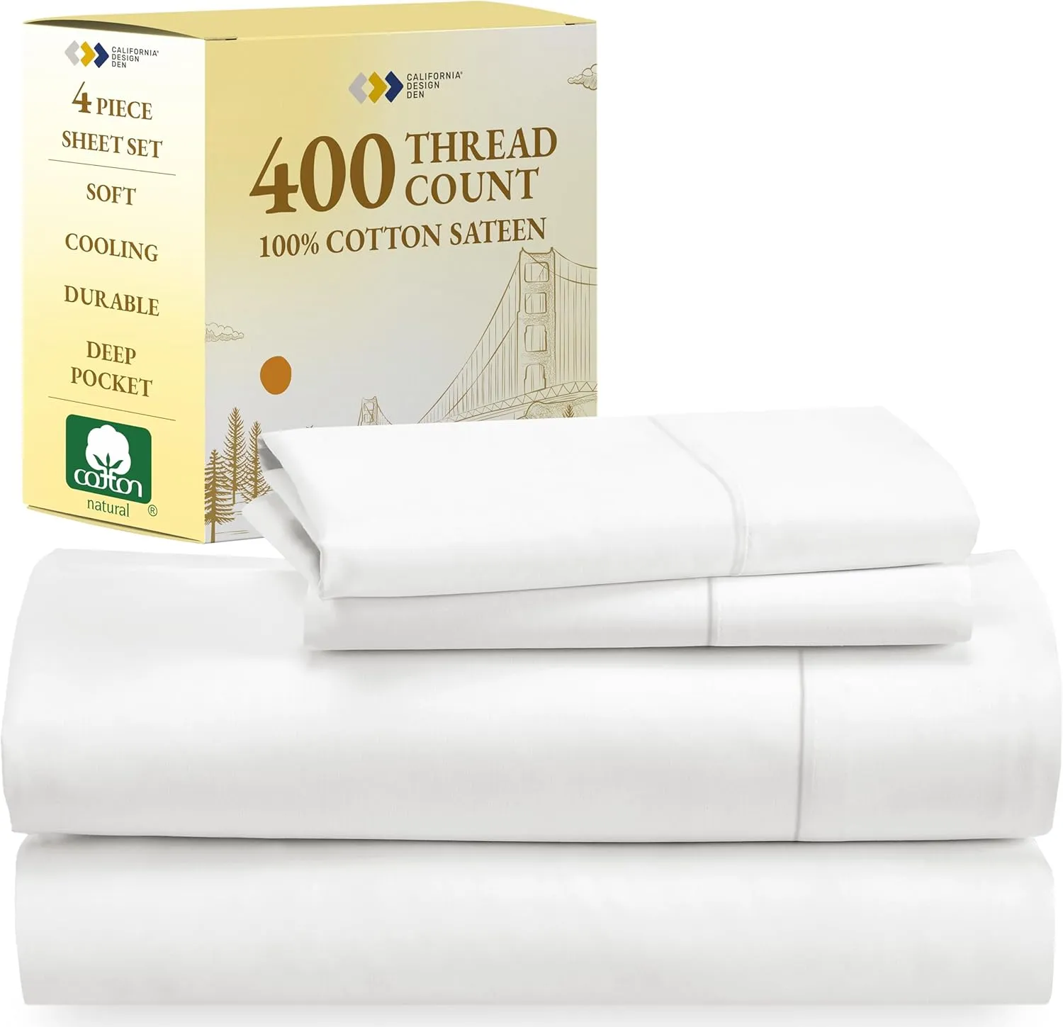California Design Den Queen Sheet Set - Soft 400 Thread Count Sateen, Natural 100% Cotton Sheets, Deep Pockets with All Around Elastic for a Snug Fit, Cool & Durable Bedding Set - Antique White
