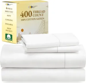 California Design Den Queen Sheet Set - Soft 400 Thread Count Sateen, Natural 100% Cotton Sheets, Deep Pockets with All Around Elastic for a Snug Fit, Cool & Durable Bedding Set - Antique White