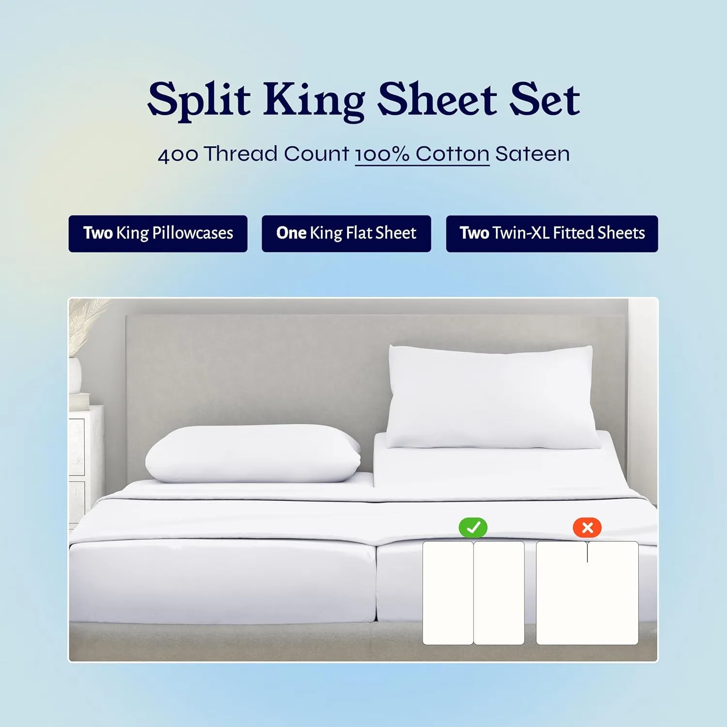 California Design Den Split King Sheets Sets for Adjustable Bed - Soft 400 Thread Count Sateen, Natural 100% Cotton Sheets, Deep Pockets for a Snug Fit, Durable Bedding Set - White