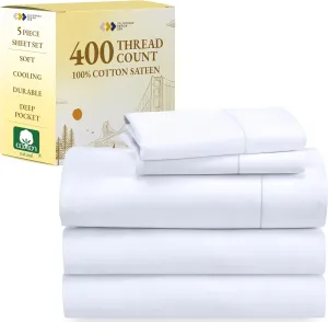 California Design Den Split King Sheets Sets for Adjustable Bed - Soft 400 Thread Count Sateen, Natural 100% Cotton Sheets, Deep Pockets for a Snug Fit, Durable Bedding Set - White