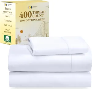 California Design Den Twin Sheets Set - Soft 400 Thread Count Sateen, Natural 100% Cotton Sheets, Deep Pockets with All Around Elastic for a Snug Fit, Cool & Durable Bedding Set - White