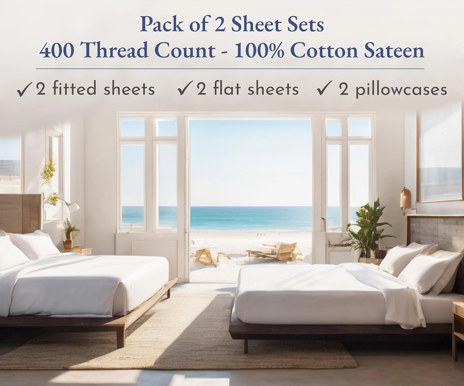 California Design Den 2-Pack Twin Sheets Set - 400 Thread Count 100% Cotton Sateen - Extra Soft, Breathable & Cooling Sheets, Wrinkle Resistant, 2 Sets of Deep Pocket Bed Sheets - Indigo Dusty Blue