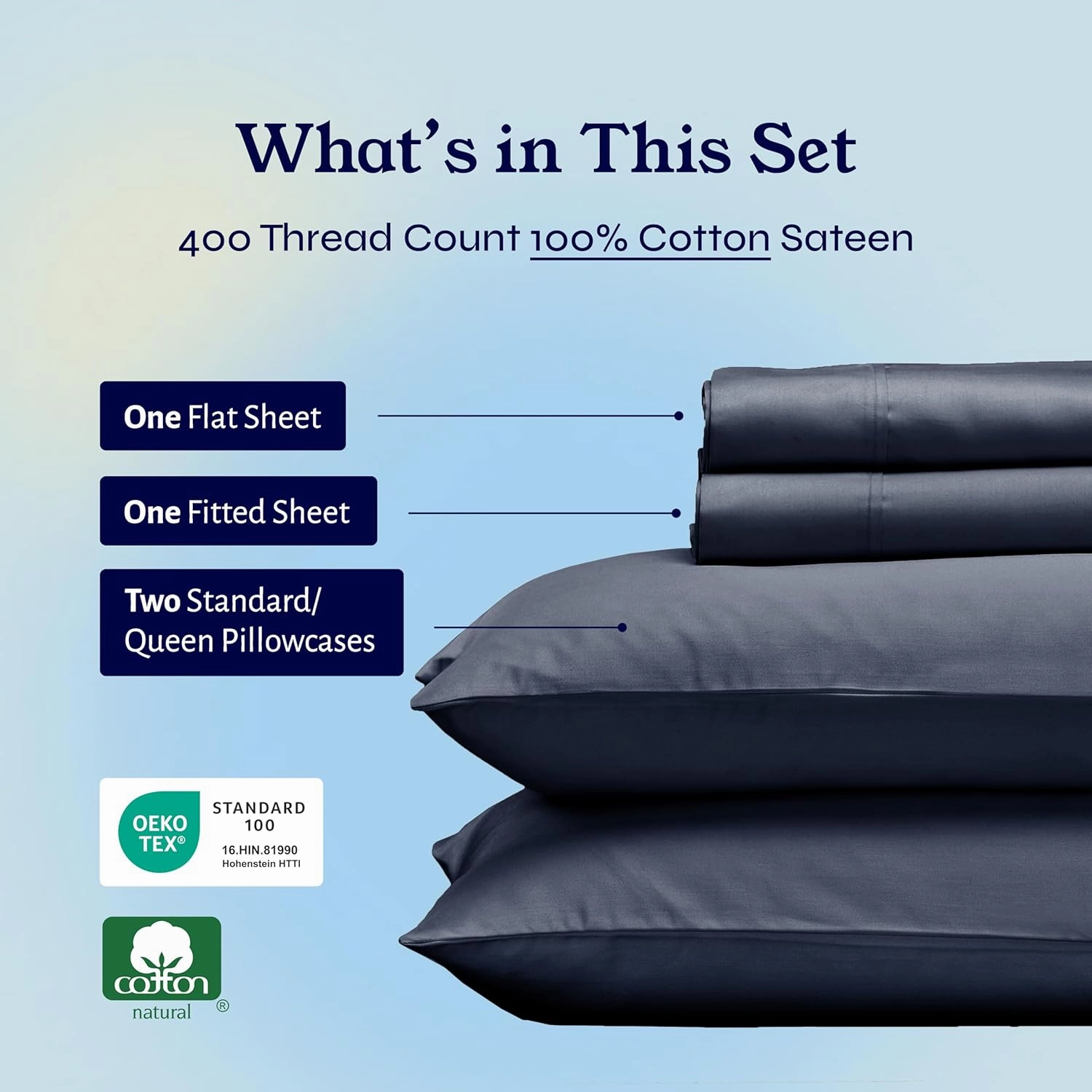 California Design Den Natural 100% Cotton Cooling Sheets for Queen Size Bed - Soft 400 Thread Count Sateen, Deep Pockets with All Around Elastic for a Snug Fit, Durable Bedding - Indigo Dusty Blue