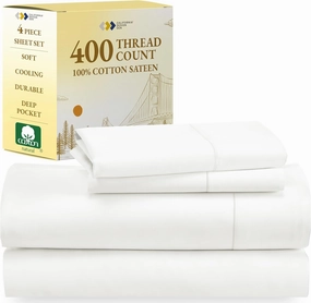 California Design Den Natural 100% Cotton Sheets for Queen Size Bed - Soft 400 Thread Count Sateen, Cooling Sheets,Deep Pockets with All Around Elastic for a Snug Fit, Durable Bedding Set - Ivory