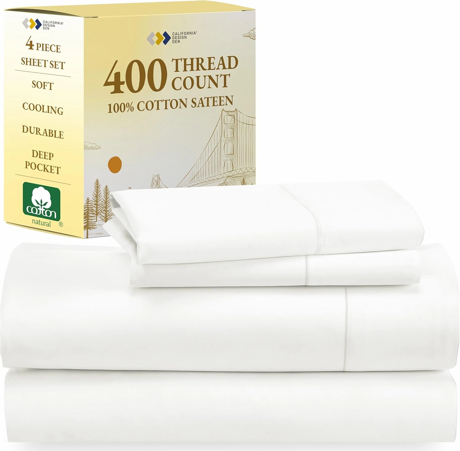 California Design Den Natural 100% Cotton Sheets for Queen Size Bed - Soft 400 Thread Count Sateen, Cooling Sheets,Deep Pockets with All Around Elastic for a Snug Fit, Durable Bedding Set - Ivory