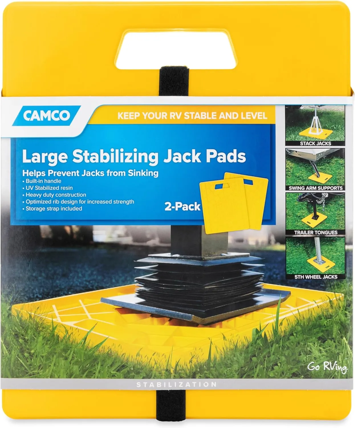 Camco Camper/RV Large Stabilizer Jack Pads - Features Interlocking Design & Handy Strap for RV Storage - Built-in Handle - Use with RV Leveling System, RV Levels & More - 14” x 12”, 2-Pk (44541)