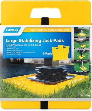 Camco Camper/RV Large Stabilizer Jack Pads - Features Interlocking Design & Handy Strap for RV Storage - Built-in Handle - Use with RV Leveling System, RV Levels & More - 14” x 12”, 2-Pk (44541)