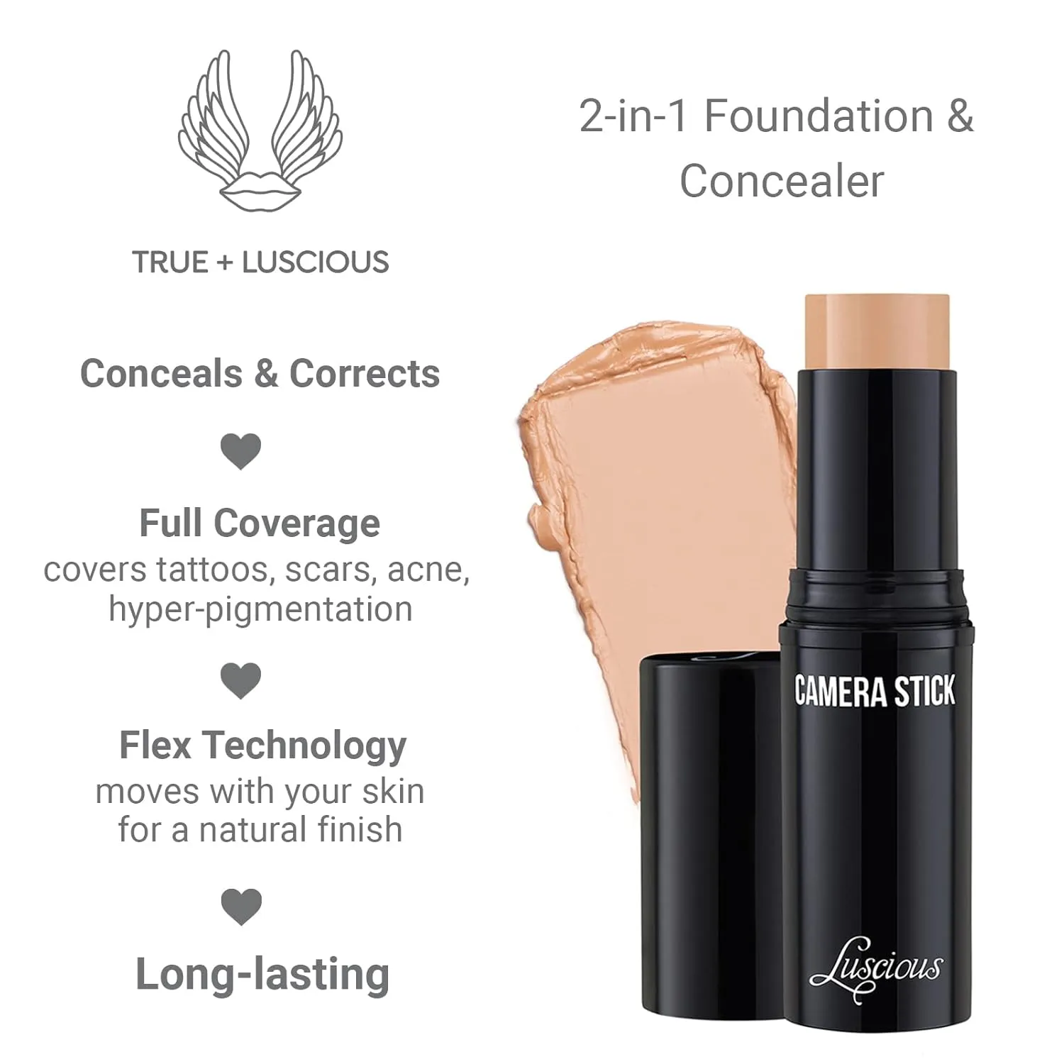 Camera Stick Foundation by True   Luscious - Full Coverage Cream Foundation - Non-Comedogenic & Hydrating Formula - Vegan, Paraben Free, & Cruelty Free - 0.49 oz (Shade 3: Deep Beige)