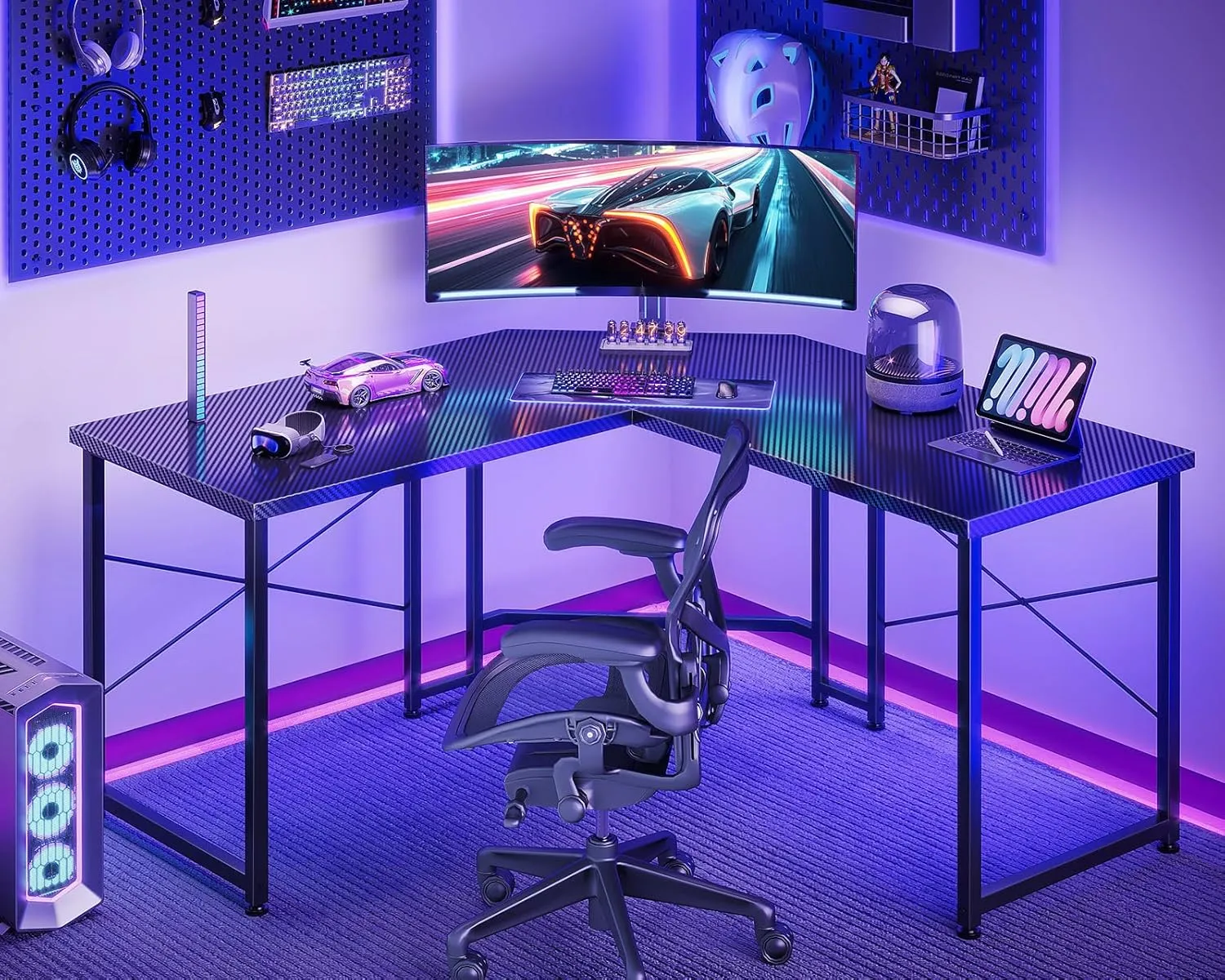 Casaottima L Shaped Gaming Desk, Corner Desk Gaming Table for Home Office, Computer Desk Sturdy Writing Workstation for Small Space, Easy to Assemble, 51 inch, Carbon Fiber Surface, Dark Black