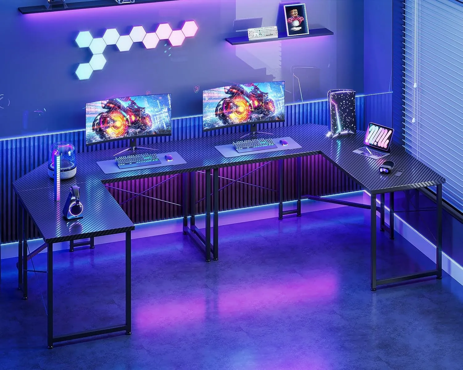 Casaottima L Shaped Gaming Desk, Corner Desk Gaming Table for Home Office, Computer Desk Sturdy Writing Workstation for Small Space, Easy to Assemble, 51 inch, Carbon Fiber Surface, Dark Black