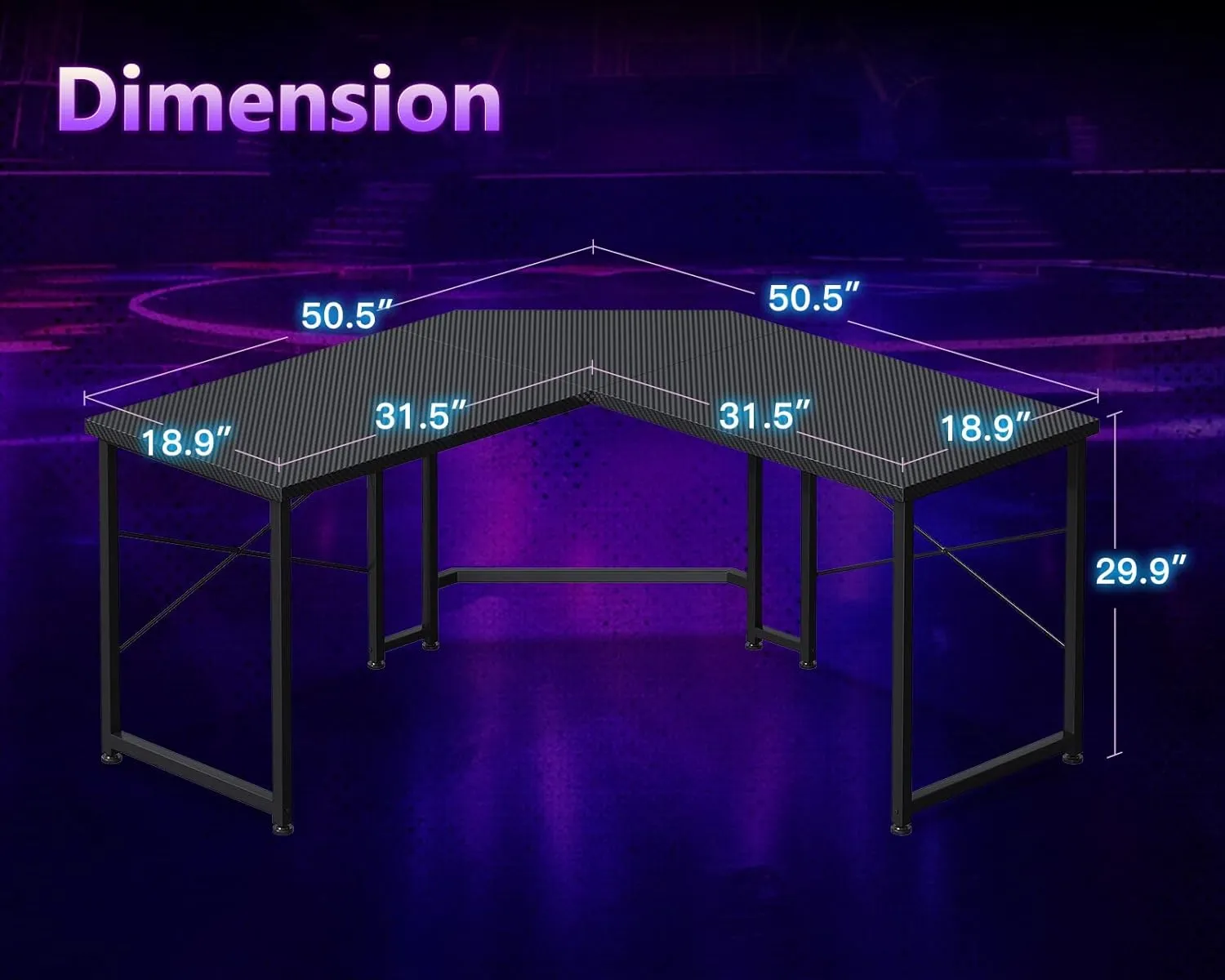 Casaottima L Shaped Gaming Desk, Corner Desk Gaming Table for Home Office, Computer Desk Sturdy Writing Workstation for Small Space, Easy to Assemble, 51 inch, Carbon Fiber Surface, Dark Black