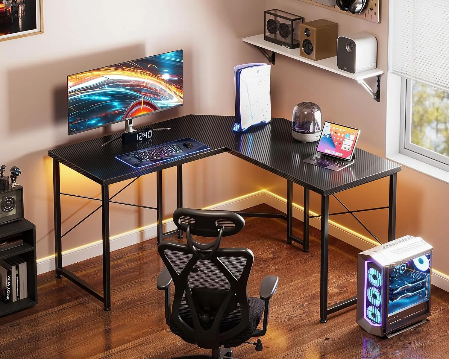 Casaottima L Shaped Gaming Desk, Corner Desk Gaming Table for Home Office, Computer Desk Sturdy Writing Workstation for Small Space, Easy to Assemble, 51 inch, Carbon Fiber Surface, Dark Black