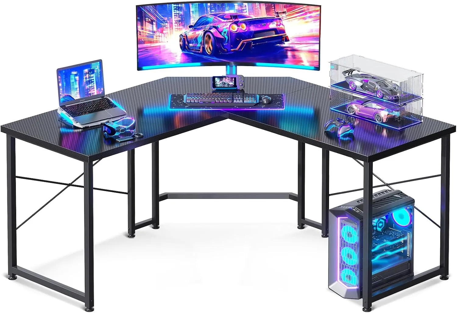 Casaottima L Shaped Gaming Desk, Corner Desk Gaming Table for Home Office, Computer Desk Sturdy Writing Workstation for Small Space, Easy to Assemble, 51 inch, Carbon Fiber Surface, Dark Black