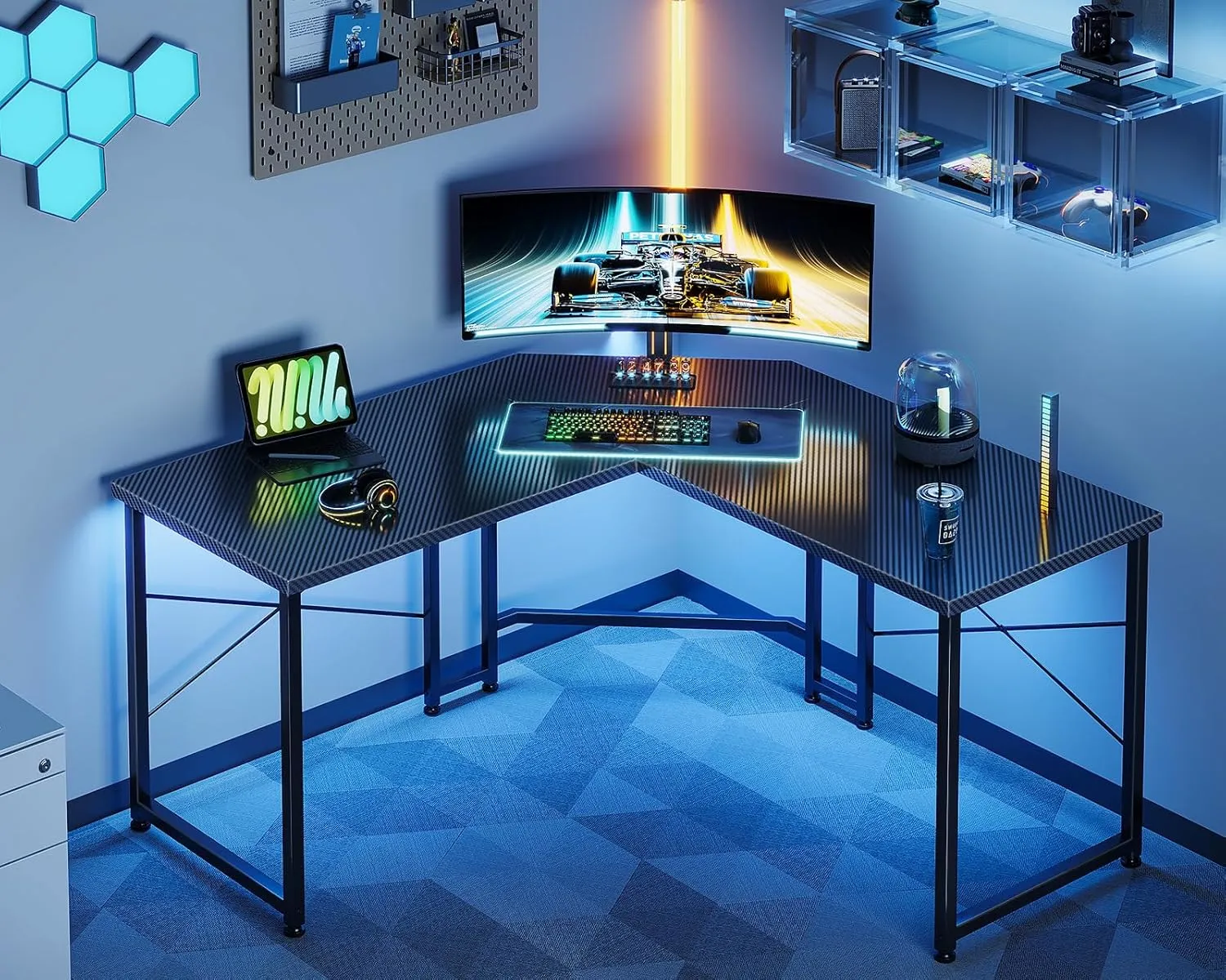 Casaottima L Shaped Gaming Desk, Corner Desk Gaming Table for Home Office, Computer Desk Sturdy Writing Workstation for Small Space, Easy to Assemble, 51 inch, Carbon Fiber Surface, Dark Black