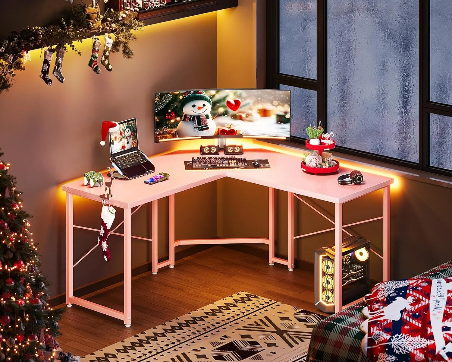 Casaottima L Shaped Gaming Desk, Corner Desk Gaming Table for Home Office, Computer Desk Sturdy Writing Workstation for Small Space, Easy to Assemble, 51 inch, Carbon Fiber Surface, Pink