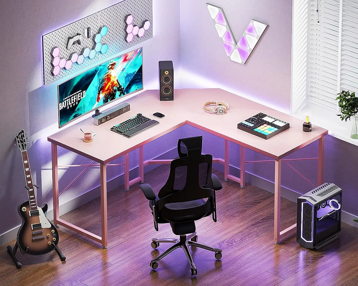 Casaottima L Shaped Gaming Desk, Corner Desk Gaming Table for Home Office, Computer Desk Sturdy Writing Workstation for Small Space, Easy to Assemble, 51 inch, Carbon Fiber Surface, Pink